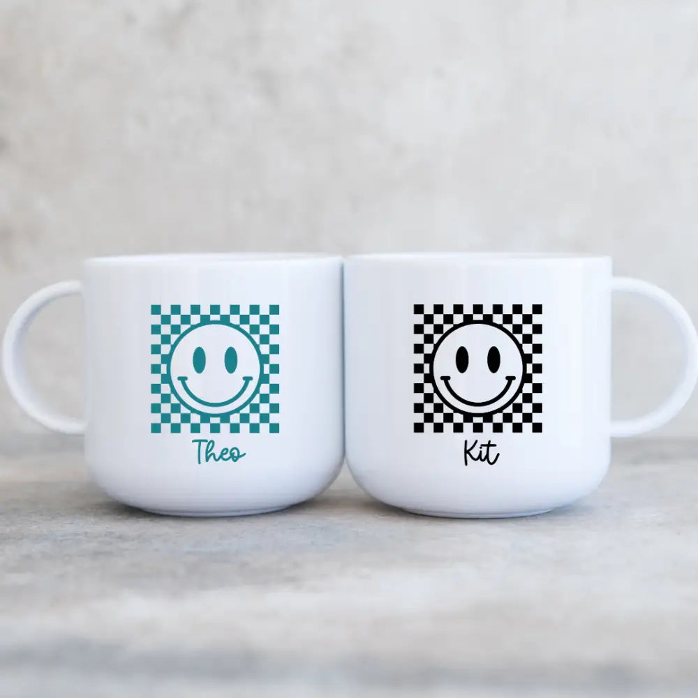 Kids unbreakable mug personalised smiley face blue and black