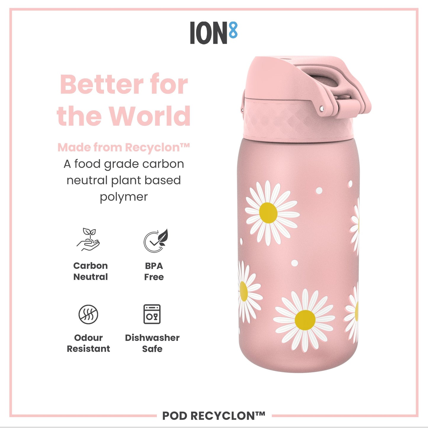 Ion8 Leak Proof Kids Water Bottle, Recyclon, Daisies, 350ml (12oz)