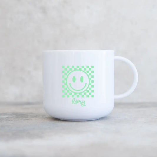 Kids unbreakable mug personalised smiley face green